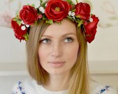 Christmas wedding flower crown adult floral headband Red roses flower crown Woodland hair wreath Red headpiece Bridal flower halo Christmas