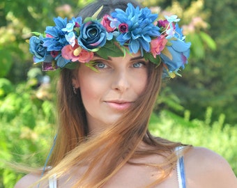 Blue flower crown Large floral hair wreath Blue purple crown Boho wedding crown Bride floral headband Boho crown adult