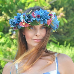 Blauwe bloem kroon grote bloemen haar krans blauw paarse kroon Boho wedding kroon bruid floral hoofdband Boho kroon volwassene afbeelding 1
