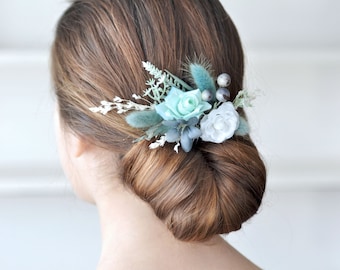 White blue floral hair comb Bridal headpiece Blue flower comb Bridesmaids Rustic wedding hair piece Woodland hair comb lagurus