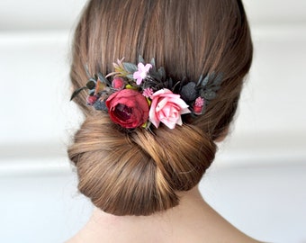 Maroon flower comb Pink floral headpiece Wedding hair comb Burgundy flower accessories Bridesmaids hair piece wedding