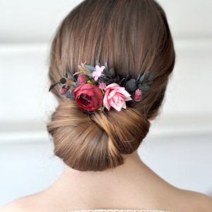 Maroon flower comb Pink floral headpiece Wedding hair comb Burgundy flower accessories Bridesmaids hair piece wedding