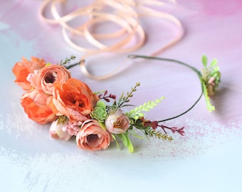 Coral flower headband Wedding crown Coral peony crown Bridal floral crown Boho wedding headpiece Bride hair piece Orange crown