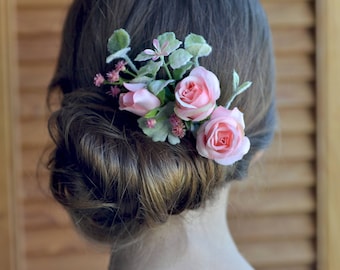 Bridal headpiece Pink rose comb Wedding flowers comb hair back rose Wedding romantic hair piece Realistic flower Bridesmaid comb