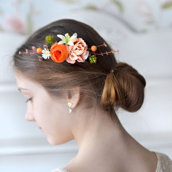 Peigne de fleur de corail ivoire Corail floral peigne mariée pays peigne à cheveux rustique fleur fille accessoire mariage corail tête pièce Orange fleur cheveux