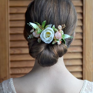 Fleur de pêche blanche peigne mariée floral casque mariage blanc rose peigne à cheveux mariée clip fleurs image 1