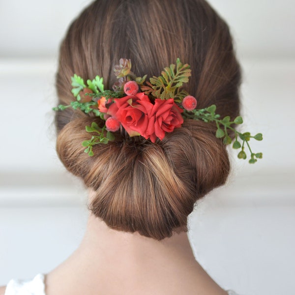 Peigne fleur Succulent roses rouges peigne cheveux demoiselle d’honneur rouge casque peigne mariage accessoires mariée cheveux pince à cheveux fleur