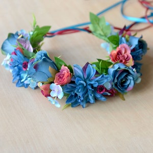 Blue flower crown Large floral hair wreath Blue purple crown Boho wedding crown Bride floral headband Boho crown adult image 2