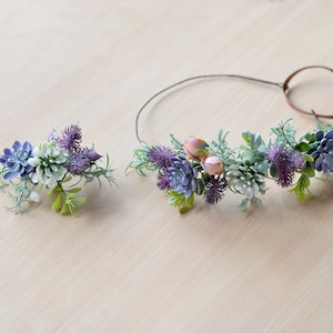 Green Purple Succulent crown Woodland hairband Succulent hair comb crown Set wedding greenery hair piece Succulent wedding crown bride image 1