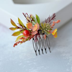 Autumn floral hair comb mini, Burgundy orange hair comb, Woodland greenery fascinator, Fall hair comb, Succulent wedding combs bridesmaids