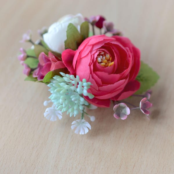 Pink flower hair clip Bridesmaids hair pieces Floral hair clip Pink mint hair accessories Wedding flowers hair Spring bride head piece Prom