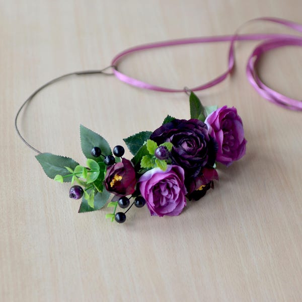 Plum Purple burgundy wedding, Flower crown, Bridal comb, Autumn floral crown, Plum Wedding crown, Woodland hair, Wedding flowers accessories