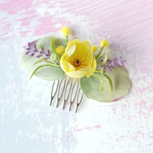 Yellow flower comb Mini floral headpiece Lavender wedding hair comb Floral bridal comb Lavender hair piece eucalyptus comb