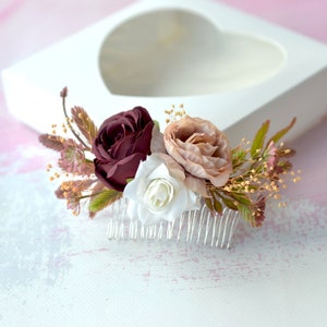 Beige white burgundy flower comb Bridal hair comb Burgundy rose hair Wedding accessory hair back Floral headpiece Bride hair comb fall