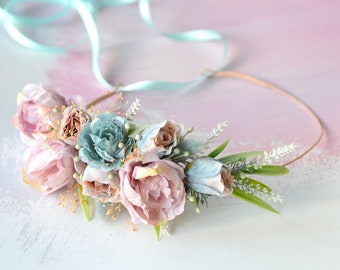 Light blue blush pink flower crown, Bridal floral crown, Wedding flower crown, Bride Boho, Wedding headband, Photo Prop crown pink blue