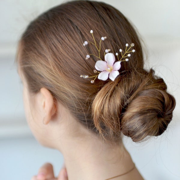 Blush pink flower hair pin Wedding hair accessories Floral hair pins Bridal headpiece Cherry blossom hair pin crystals hair piece