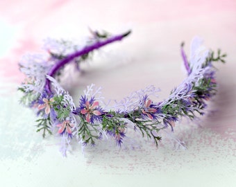 Purple headband, Rustic flower halo, Wildflowers tiara, Woodland hair crown, Wedding woodland tiara, Forest headpiece