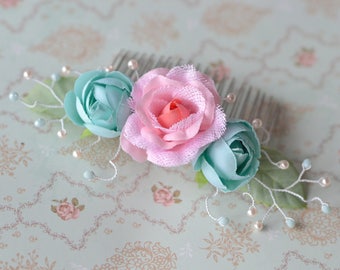 Shabby chic hair comb Bridesmaids gifts wedding comb Pink blue flower comb Bridal head piece Turquoise  floral comb