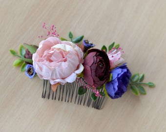 Burgundy blush navy Wedding flowers comb Burgundy navy hair comb Floral haed piece Bridal flower comb Blush burgundy piece hair Wedding comb