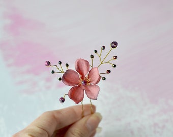 Red flower hair pin Crystal vine pin Floral head piece Red purple hair pin Cherry blossom hair clip Spring flower pin Bridesmaids hair