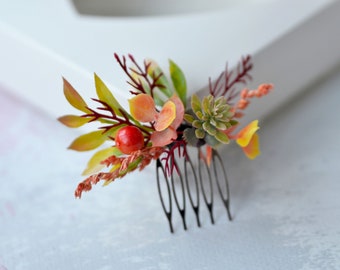 Autumn floral hair comb mini, Burgundy orange hair comb, Woodland greenery fascinator, Fall hair comb, Succulent wedding combs bridesmaids