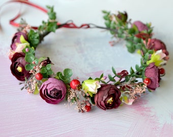 Flower crown Burgundy purple floral headband Autumn Bridal head wreath plum Crown woodland hair dress Wedding halo flowers Burgundy crown