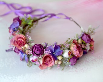 Purple wedding crown,Deep purple wedding wreath,Boho crown,Floral hair accessory,Bride rustic crown