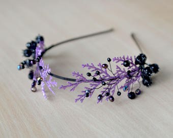 Elfe fée Couronne bandeau noir violet mousseux Couronne elfique diadème les rameaux Couronne pièce de tête adulte fée Couronne bois branches bandeau