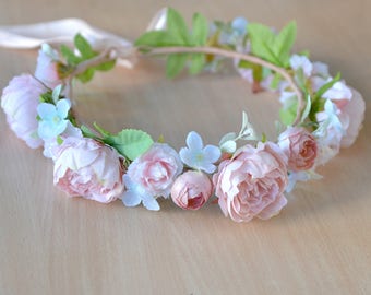 Melocotón de la boda de boho de corona floral flor corona peonías novia diadema halo boda crema chica pelo flor guirnalda suave halo flores de peonía