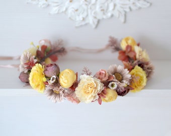 Beige mustard yellow crown,Boho Wedding flower crown,Autumn bride headpiece,Adult headband Mustard wedding crown