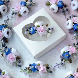 Pente de flor rosa marinho blush, pentes de cabelo de damas de honra, aplique de cabelo rosa azul, flores de cabeça de noiva, flor de seda de cabelo de casamento branco azul
