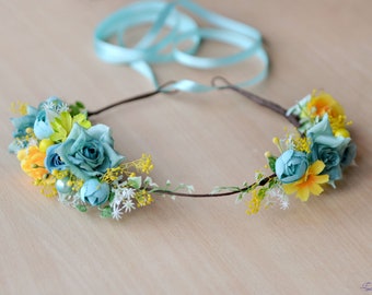 Yellow blue Wedding flower crown Boho bridal halo Floral crown Turquoise hair wreath Wedding floral crown Bride