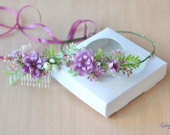 Purple Wedding crown Bridal set Wedding comb crown grass flower headband Purple side crown Floral comb flower wreath