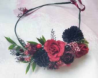 Black red flower crown Burgundy rose headband Gothic wedding crown Flower berry head piece Halloween floral crown