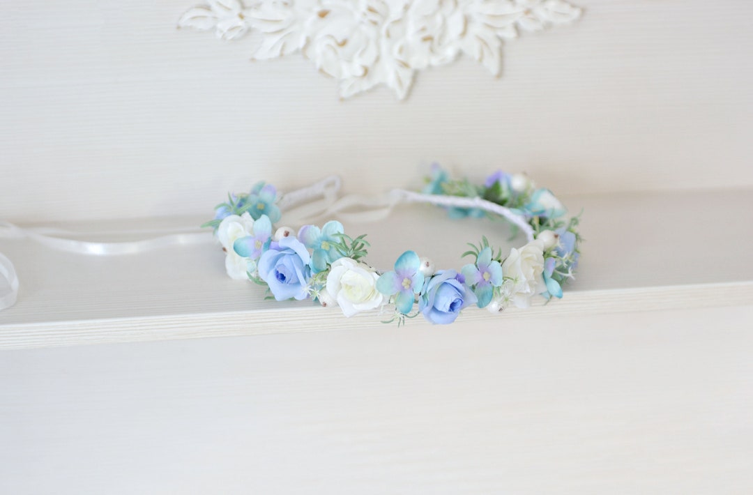 Blue Flower Girl Crown Roses Headband Wedding Flower Crown Blue Floral ...
