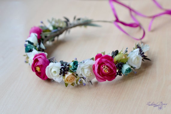 Floral Boho Headband with Pink and Cream Accents Pink Green Dried Flower Headband, Boho Rustic Wedding Floral  main image 4