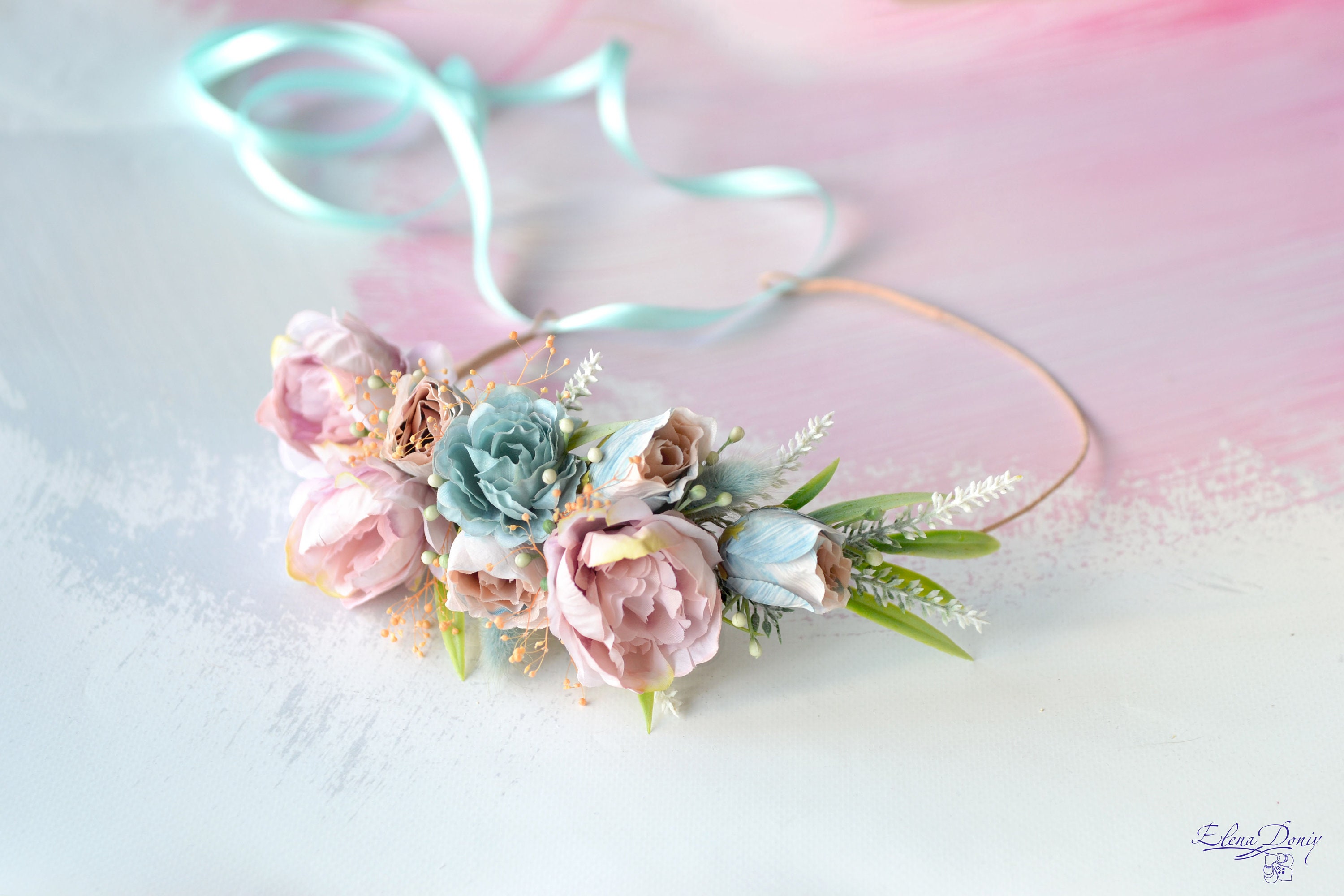Light Blue Blush Pink Flower Crown Bridal Floral Crown Etsy