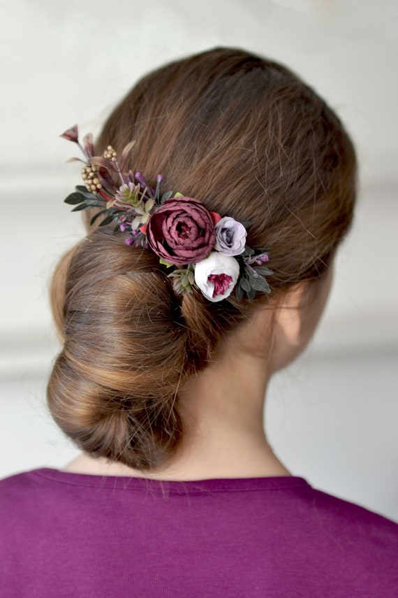 Purple Burgundy Flower Comb Bride Hair Piece Burgundy Hair Etsy
