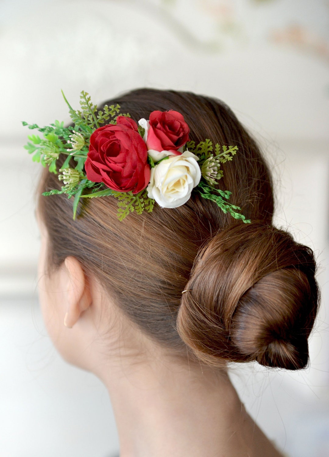 Red Flower Comb Red Roses Hair Comb Bridal Hair Piece Red Greenery Comb