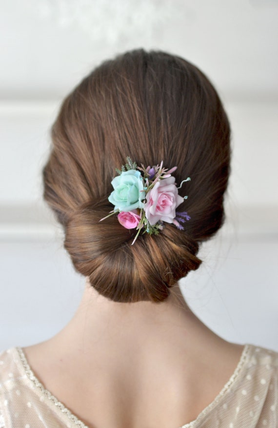 Bridal Flower Hair Clip Pink Mint Hair Clip Floral Head Piece Etsy
