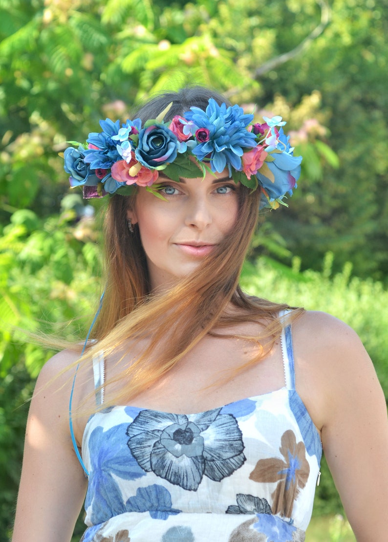Blauwe bloem kroon grote bloemen haar krans blauw paarse kroon Boho wedding kroon bruid floral hoofdband Boho kroon volwassene afbeelding 1