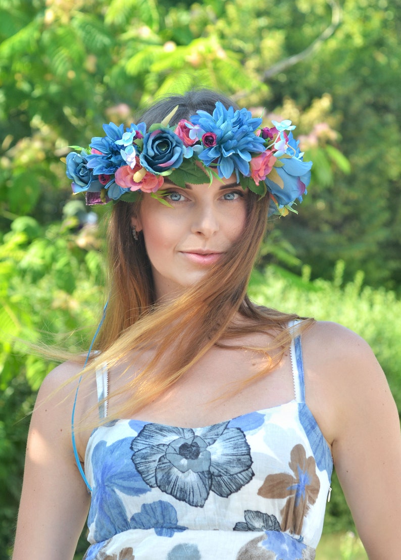 Blue flower crown Large floral hair wreath Blue purple crown Boho wedding crown Bride floral headband Boho crown adult image 1