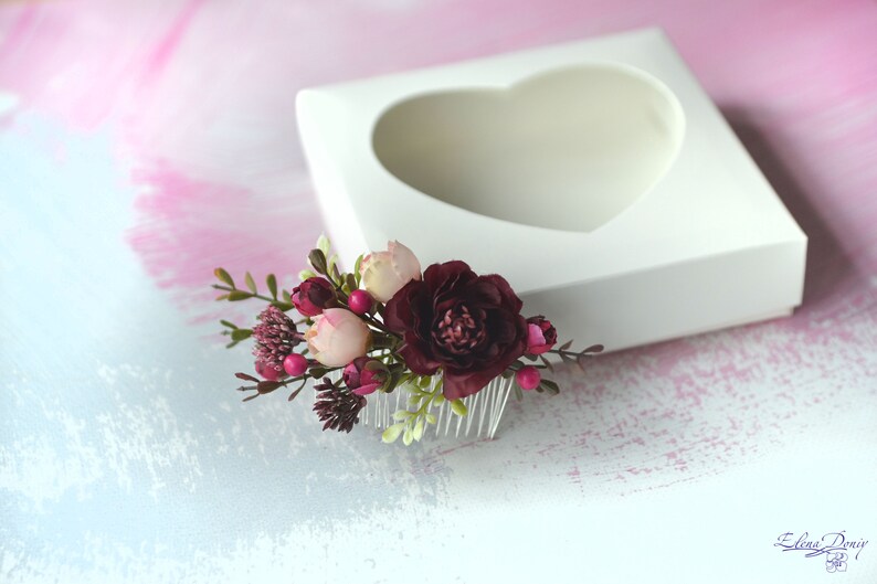 Burgundy flower hair comb Bride hair flower Wedding head piece Burgundy blush floral hair clip Bride flower comb wine red flower hair