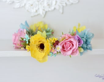 Bridal floral crown Colorful wedding flower crown Garden anemone hair rose boho flower wreath Wedding floral crown Yellow mint floral halo