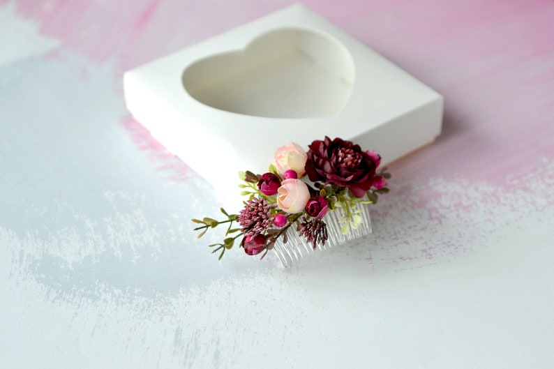 Burgundy flower hair comb Bride hair flower Wedding head piece Burgundy blush floral hair clip Bride flower comb wine red flower hair