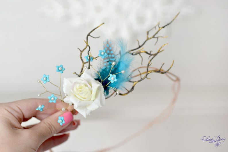 Blue feather crown rustic head wreath branches head piece fairy woodland crown bridal forest hair accessory blue headband Boho image 1