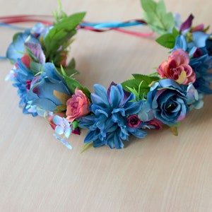 Blauwe bloem kroon grote bloemen haar krans blauw paarse kroon Boho wedding kroon bruid floral hoofdband Boho kroon volwassene afbeelding 3