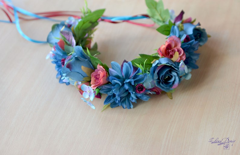 Blauwe bloem kroon grote bloemen haar krans blauw paarse kroon Boho wedding kroon bruid floral hoofdband Boho kroon volwassene afbeelding 3