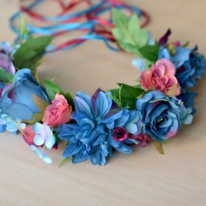 Blue flower crown Large floral hair wreath Blue purple crown Boho wedding crown Bride floral headband Boho crown adult image 4