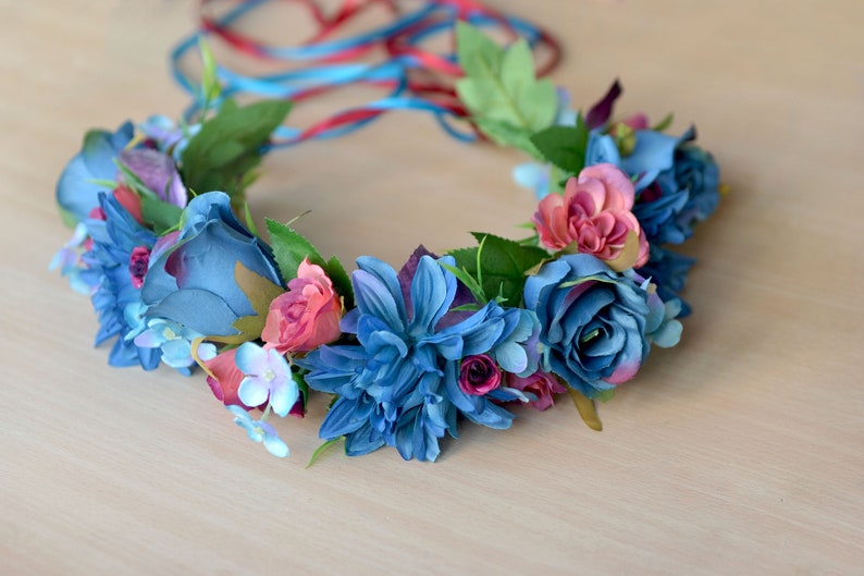 Blauwe bloem kroon grote bloemen haar krans blauw paarse kroon Boho wedding kroon bruid floral hoofdband Boho kroon volwassene afbeelding 4